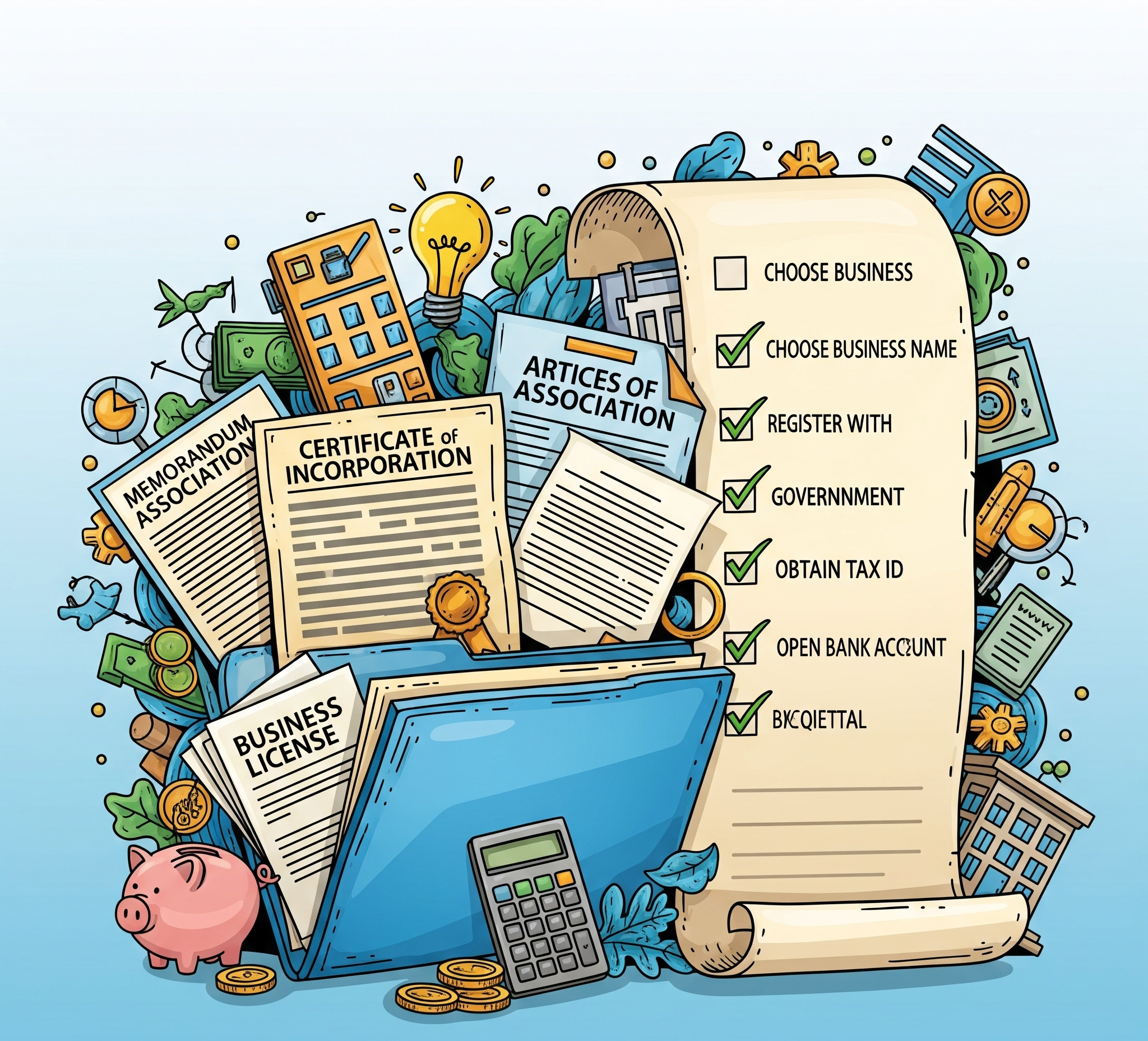 Illustration of business registration documents and a checklist
